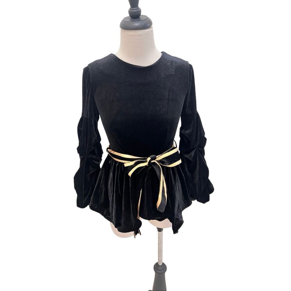 Boutique Women's Velvet Belted Long Sleeve Peplum Blouse Top Black Size Small